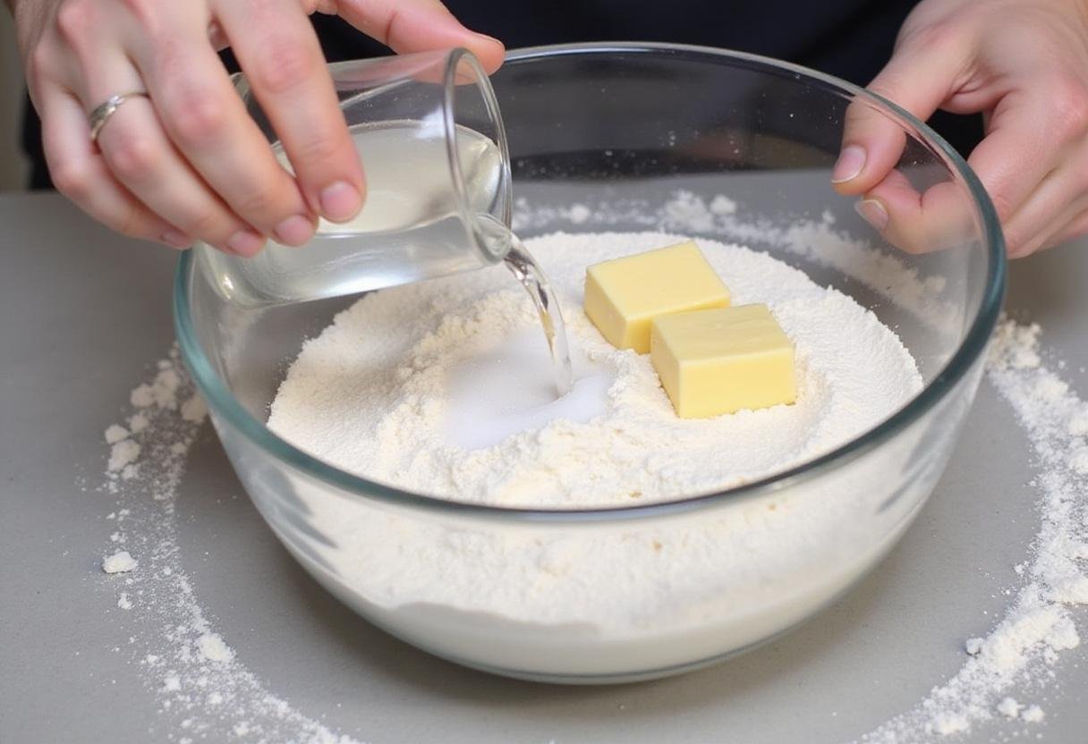Adding cold water to the flaky pie crust mixture to bind the ingredients together for a perfect pie crust.