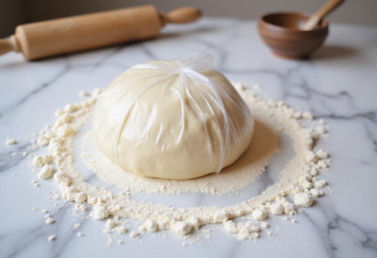 Resting homemade pie crust dough wrapped in plastic before rolling out for baking.