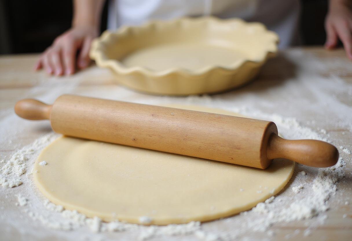 Rolling out flaky pie crust dough for a perfect homemade pie preparation.