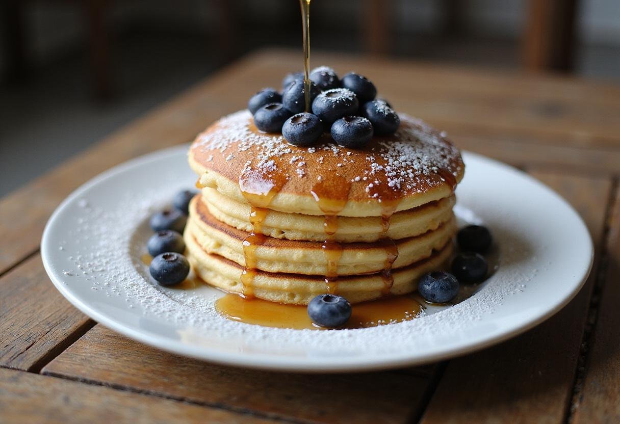 A beautifully arranged stack of fluffy golden pancakes with maple syrup and blueberries, perfect from the pancake recipe.