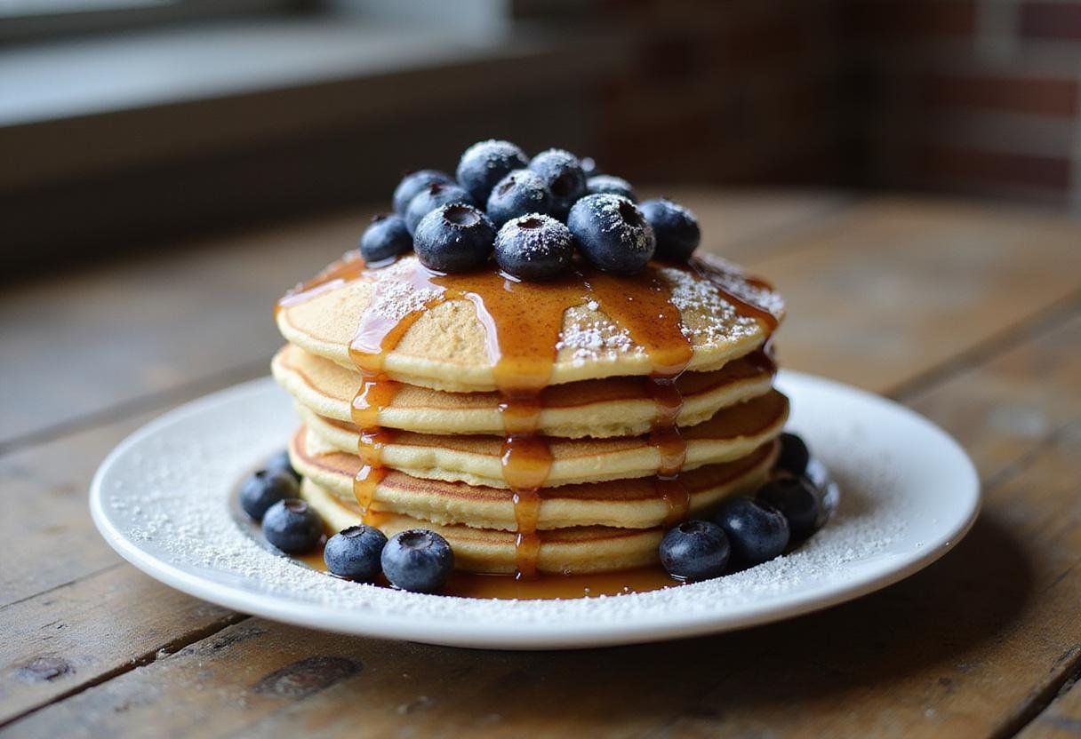 A beautifully arranged stack of fluffy golden pancakes with maple syrup and blueberries, perfect from the pancake recipe.