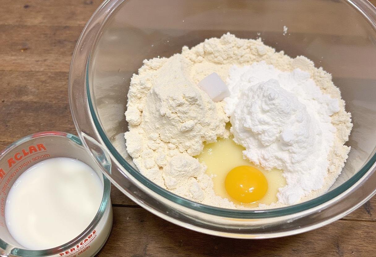 Ingredients for a pancake mix recipe including flour, sugar, and baking powder for making fluffy pancakes.