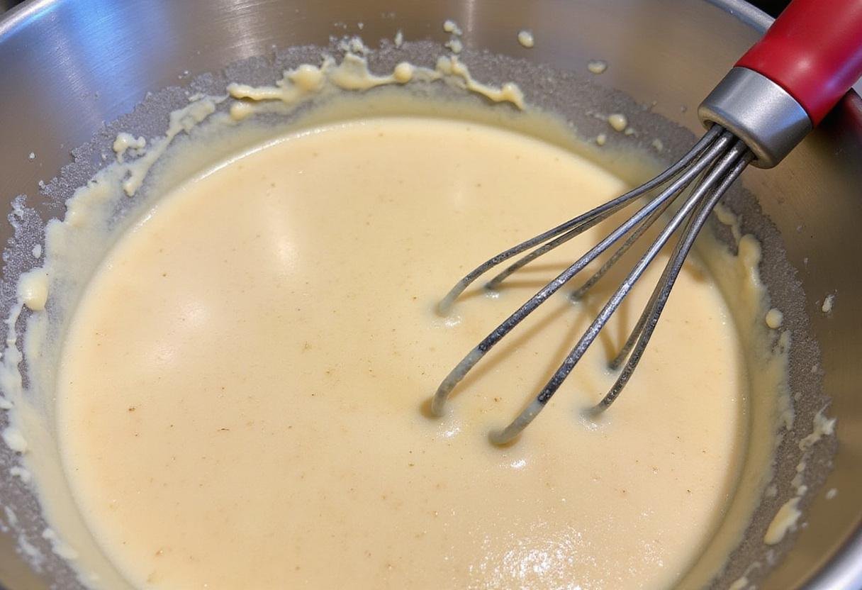 Mixing the pancake batter for a fluffy golden pancake recipe using an electric whisk for perfect consistency.