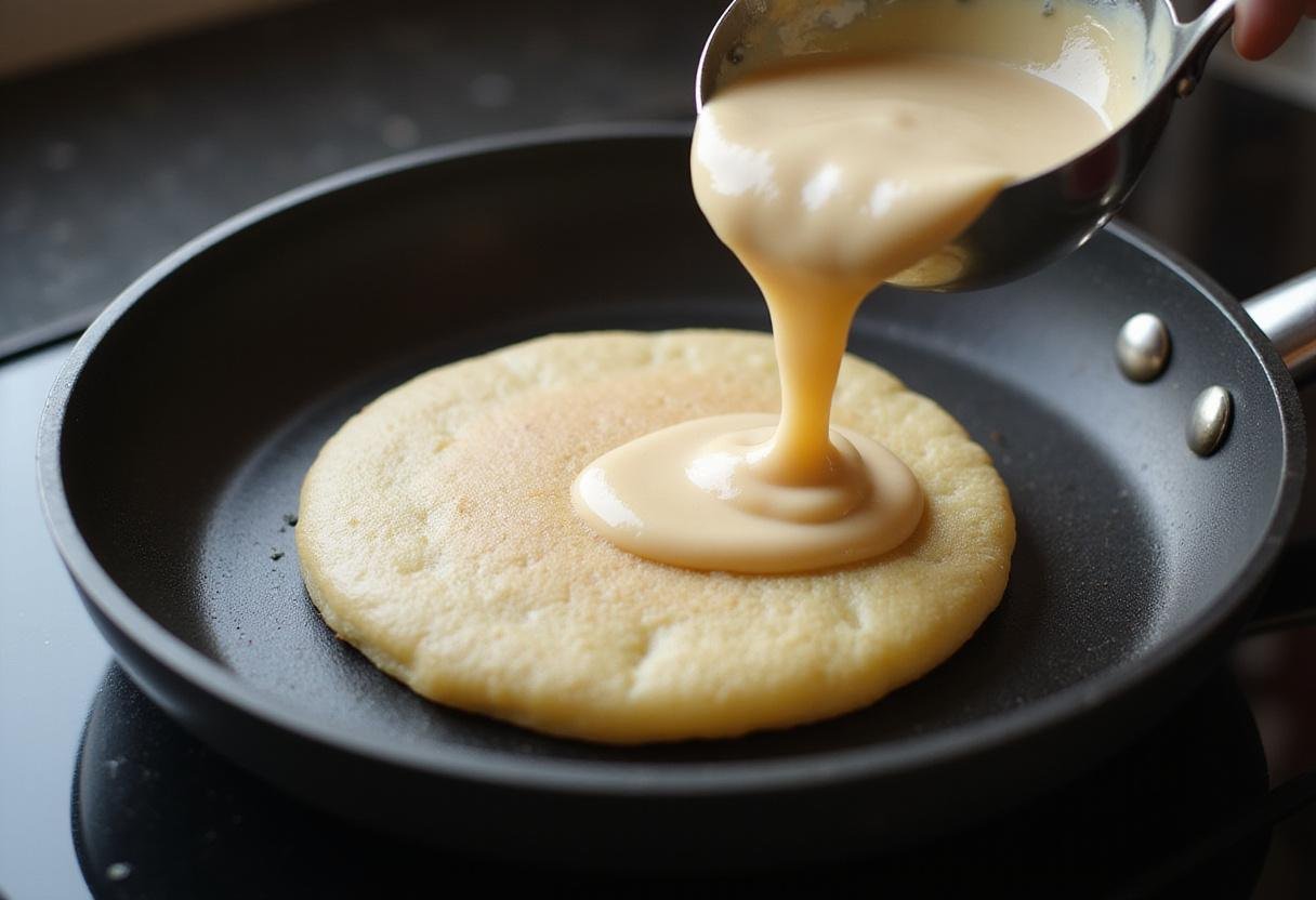 Pouring pancake batter into a heated skillet to cook golden fluffy pancakes from a delicious pancake recipe.