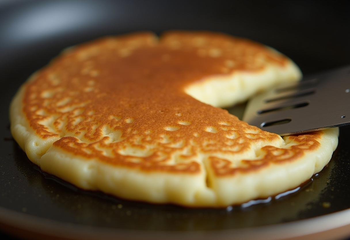 Flipping a fluffy golden pancake in a skillet, showcasing its perfect browning from the pancake mix recipe.