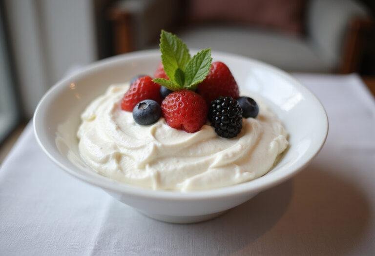 Final presentation of fluffy whipped cream delight with fresh berries, showcasing a stunning whipped cream recipe.
