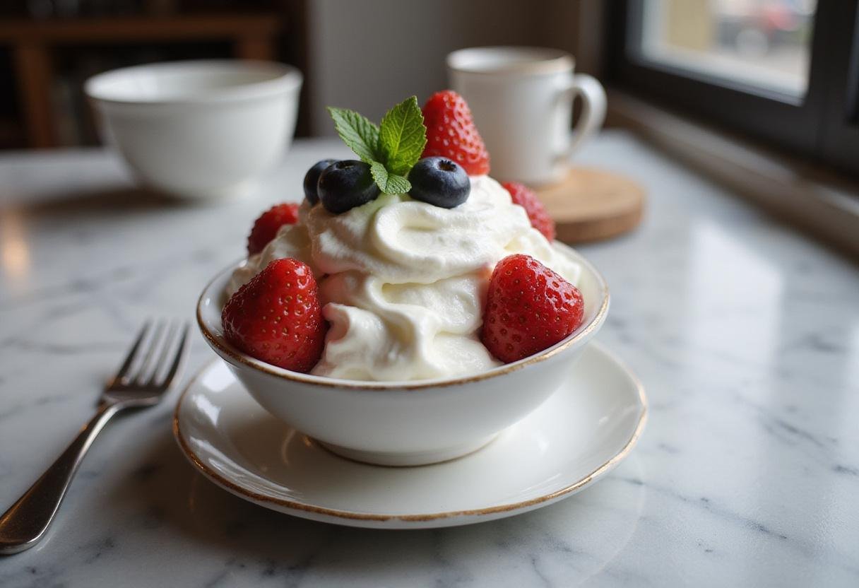 Final presentation of fluffy whipped cream delight with fresh berries, showcasing a stunning whipped cream recipe.