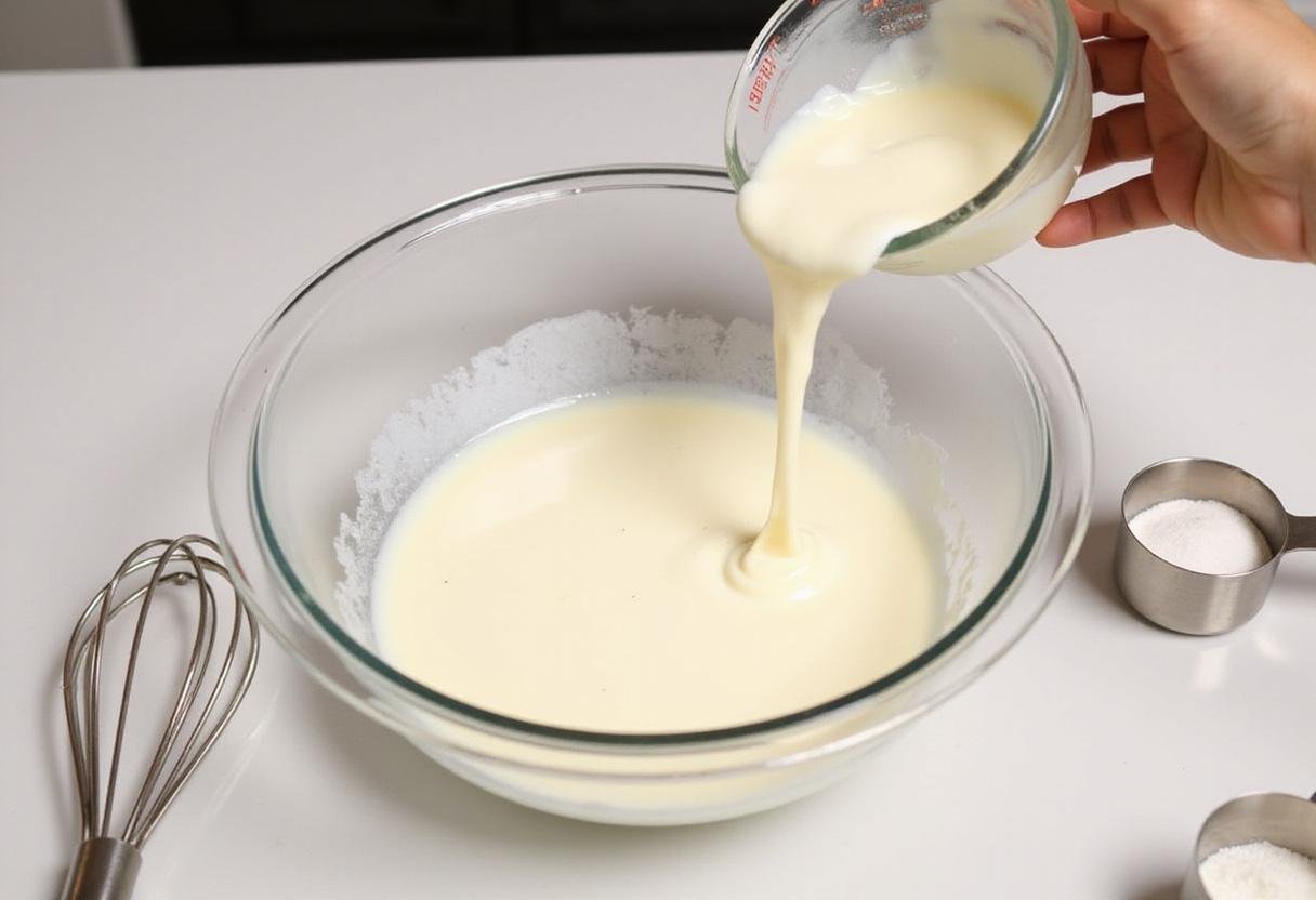 Preparing whipped cream recipe by pouring heavy cream into a mixing bowl for a fluffy delight.