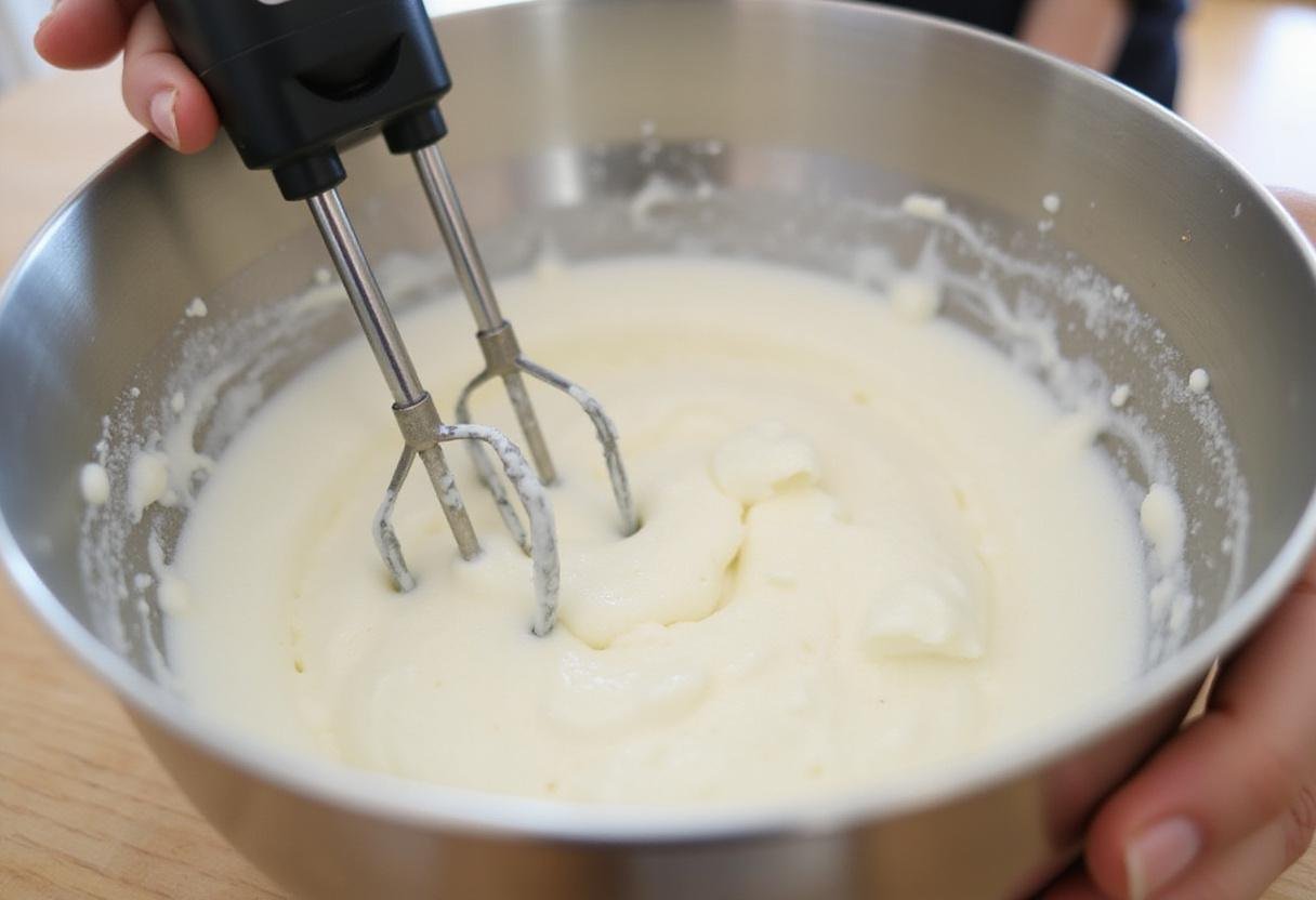 Whipping heavy cream to create soft peaks for an airy whipped cream recipe in a cozy kitchen.