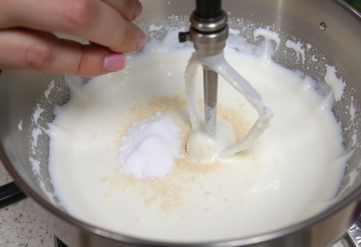 Adding sugar to whipped cream while mixing to achieve a sweet fluffy texture in this whipped cream recipe.