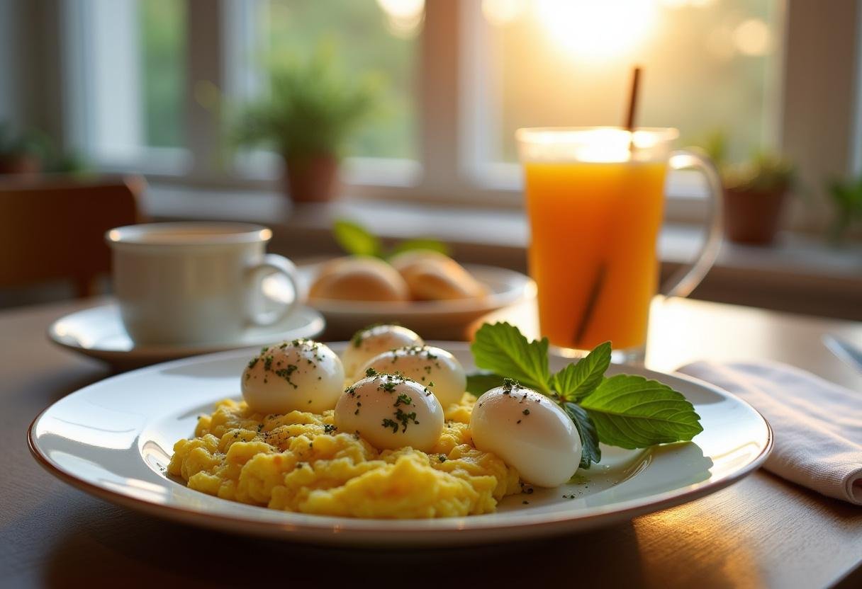 Final presentation of the hatching quail breakfast, with garnished scrambled eggs and a beautiful morning ambiance.