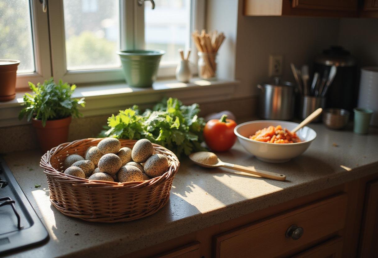 Fresh hatching quail eggs in a basket ready for breakfast preparation, highlighting the freshness and quality of the ingredients.