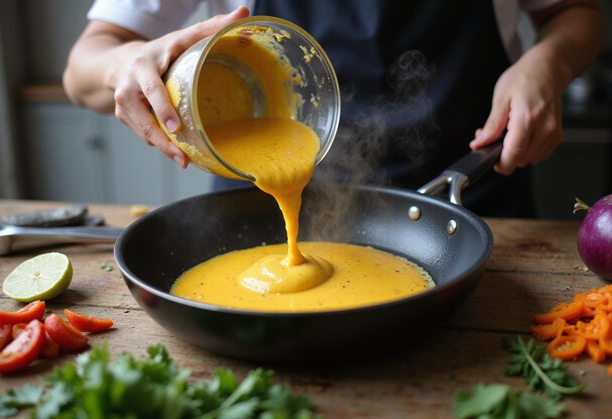 Whisked quail eggs being poured into a pan, showcasing a delicious breakfast in the making with fresh ingredients.