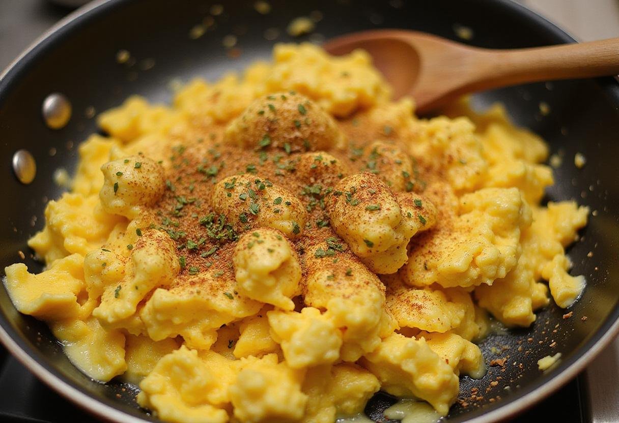 Scrambled hatching quail eggs cooking with colorful vegetables, illustrating a flavorful and nutritious breakfast preparation.