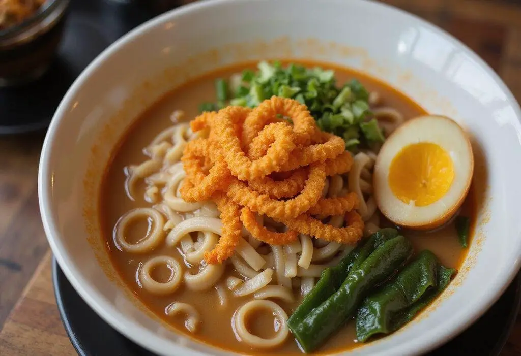 Delicious Funyuns topped ramen creation served in a bowl, highlighting the crunchy topping and vibrant ingredients for an enticing presentation.