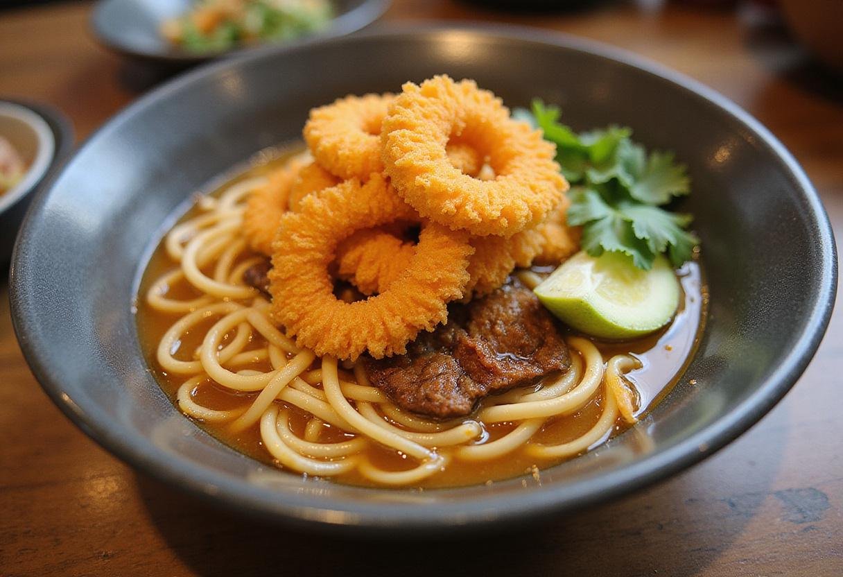 Delicious Funyuns topped ramen creation served in a bowl, highlighting the crunchy topping and vibrant ingredients for an enticing presentation.