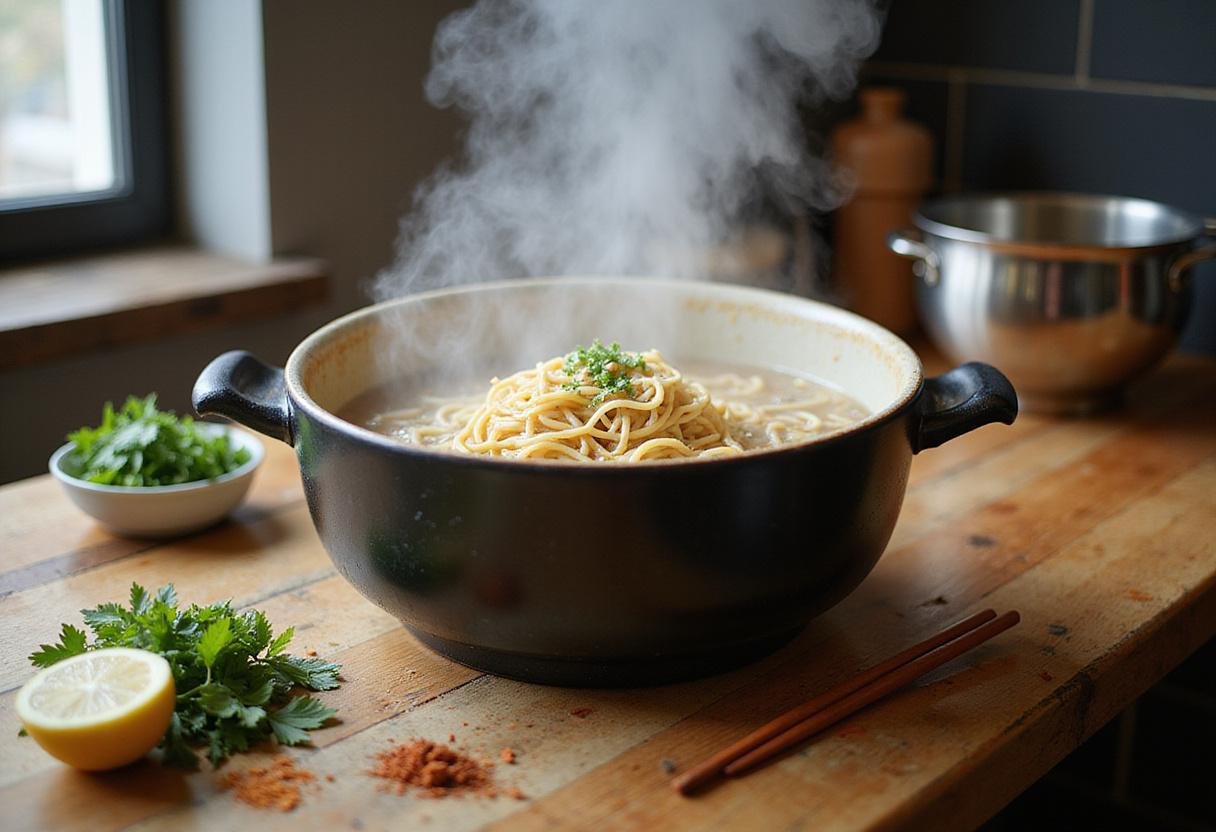 Boiling water in a pot for funyuns ramen preparation with herbs and spices in the background.