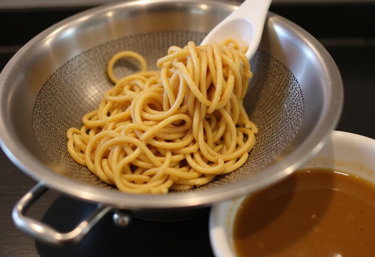 Strained ramen noodles ready for funyuns topping, with a bowl of broth at the side for the flavorful ramen creation.