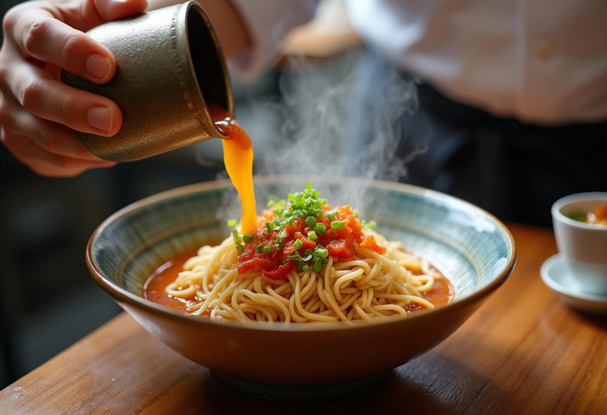 Hot broth being poured over ramen noodles for a delicious funyuns ramen dish, garnished with fresh toppings.
