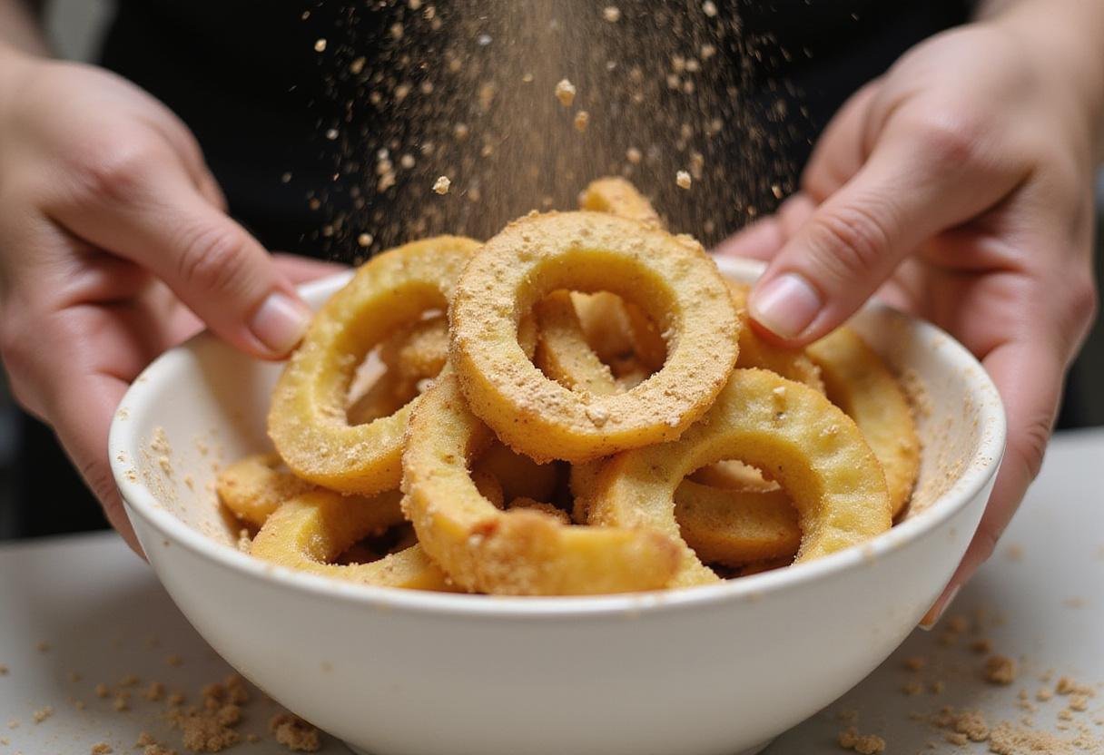 Seasoned banana pepper rings being coated in a mix of flour, emphasizing the delicious flavor and healthy preparation methods for banana pepper rings.