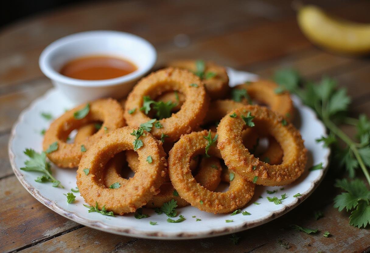 Crispy banana pepper rings served on a plate with herbs and dipping sauce, showcasing the final presentation of healthy banana pepper rings.