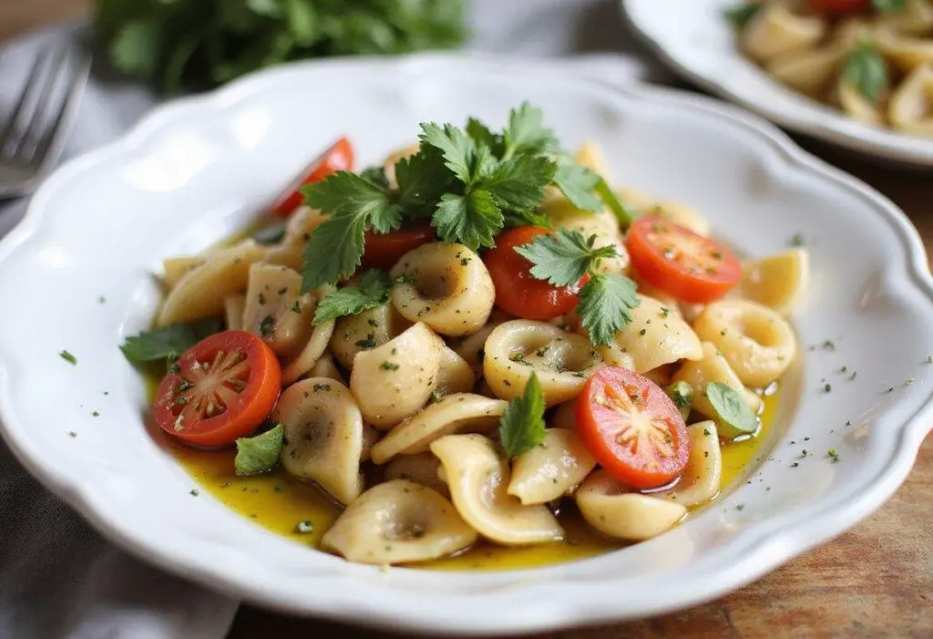 Final presentation of a healthy high protein pasta salad with vibrant ingredients and a drizzle of olive oil.