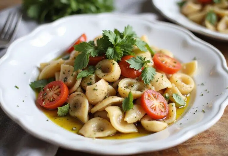 Final presentation of a healthy high protein pasta salad with vibrant ingredients and a drizzle of olive oil.
