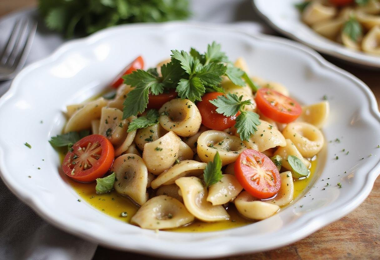 Final presentation of a healthy high protein pasta salad with vibrant ingredients and a drizzle of olive oil.