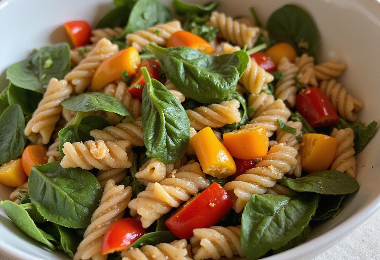 Healthy high protein pasta salad preparation with whole wheat pasta, bell peppers, and spinach in a mixing bowl.