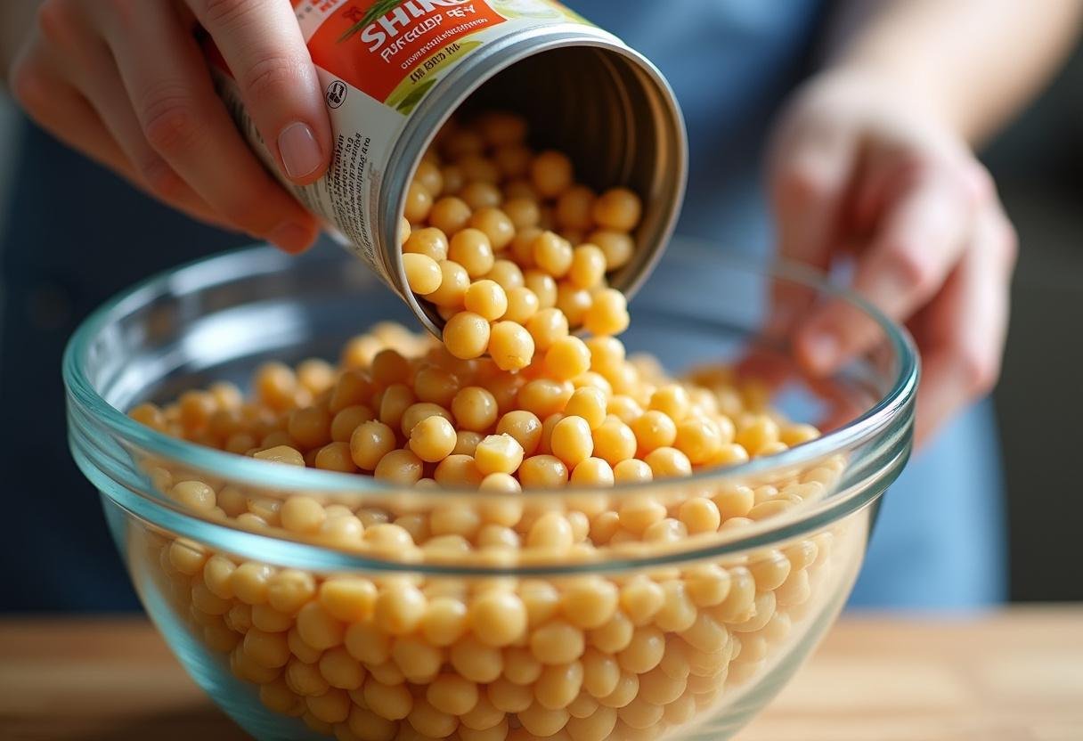 Adding drained chickpeas to healthy high protein pasta salad for an extra protein boost.