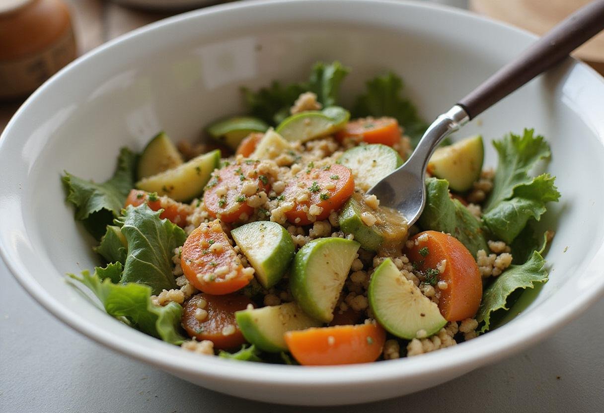 Mixing ingredients in healthy high protein pasta salad to combine flavors and textures.