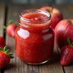 Delicious healthy strawberry applesauce displayed in a jar with fresh strawberries and apples, perfect for nutritious meals.