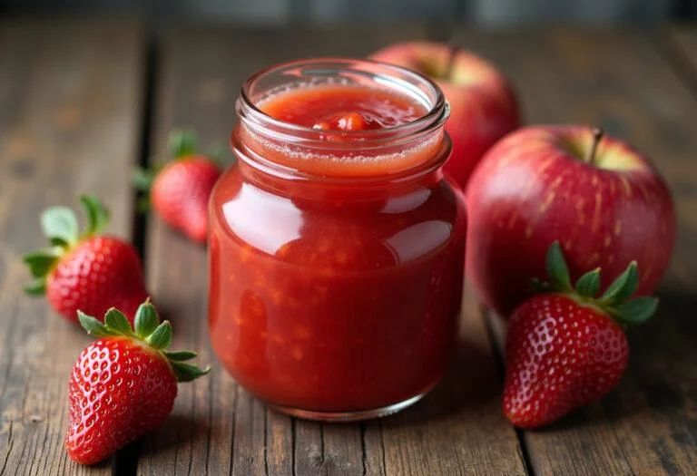Delicious healthy strawberry applesauce displayed in a jar with fresh strawberries and apples, perfect for nutritious meals.