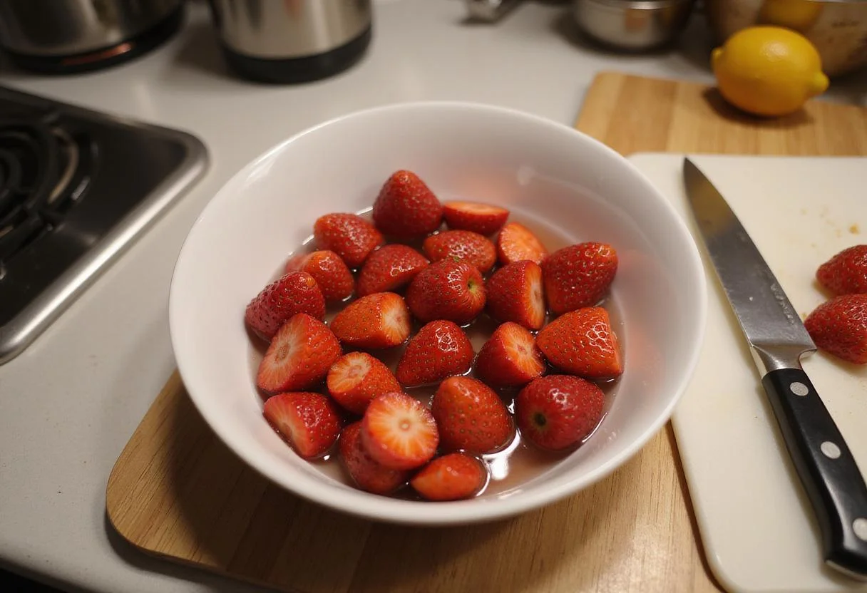 How to make healthy strawberry applesauce - washing fresh strawberries in a bowl, preparing for the recipe.