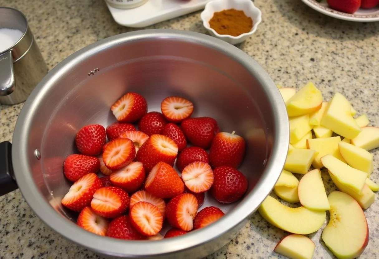 Preparing the ingredients for healthy strawberry applesauce - sliced strawberries and chopped apples in a bowl ready to be mixed.