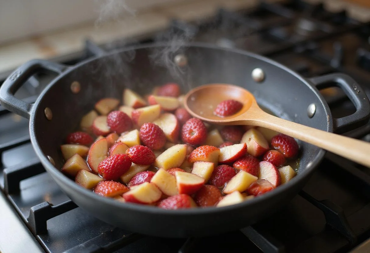 Cooking the healthy strawberry applesauce mixture in a pot on the stovetop, strawberries and apples simmering together.