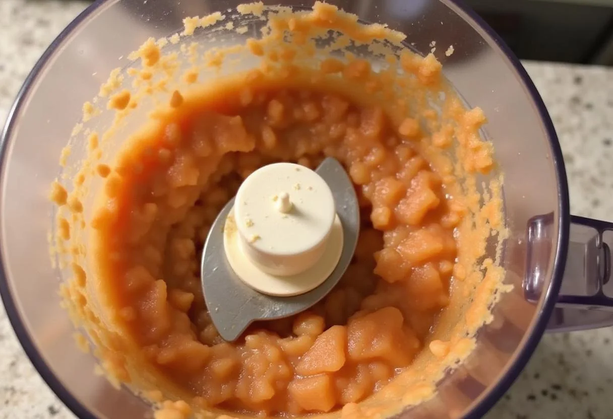 Blending the cooked strawberries and apples for healthy strawberry applesauce, achieving a smooth consistency.
