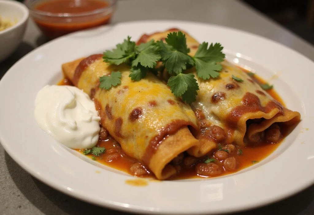 A serving of delicious ground turkey enchiladas, garnished and ready to enjoy.