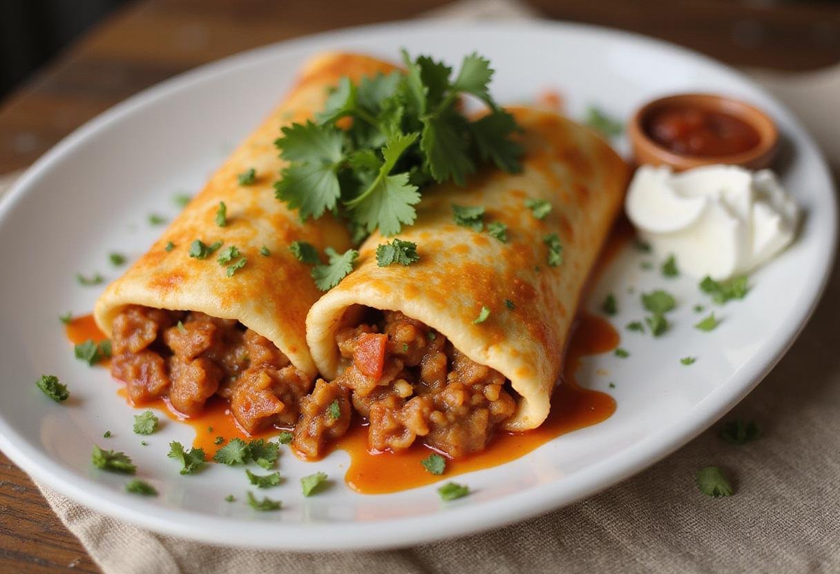 A serving of delicious ground turkey enchiladas, garnished and ready to enjoy.