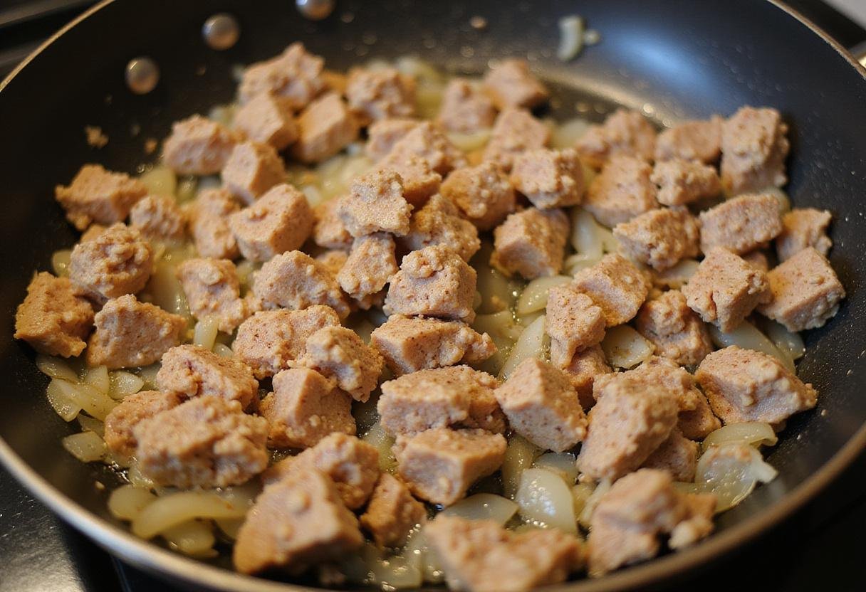 Sautéing seasoned ground turkey with onions and garlic for hearty ground turkey enchiladas.