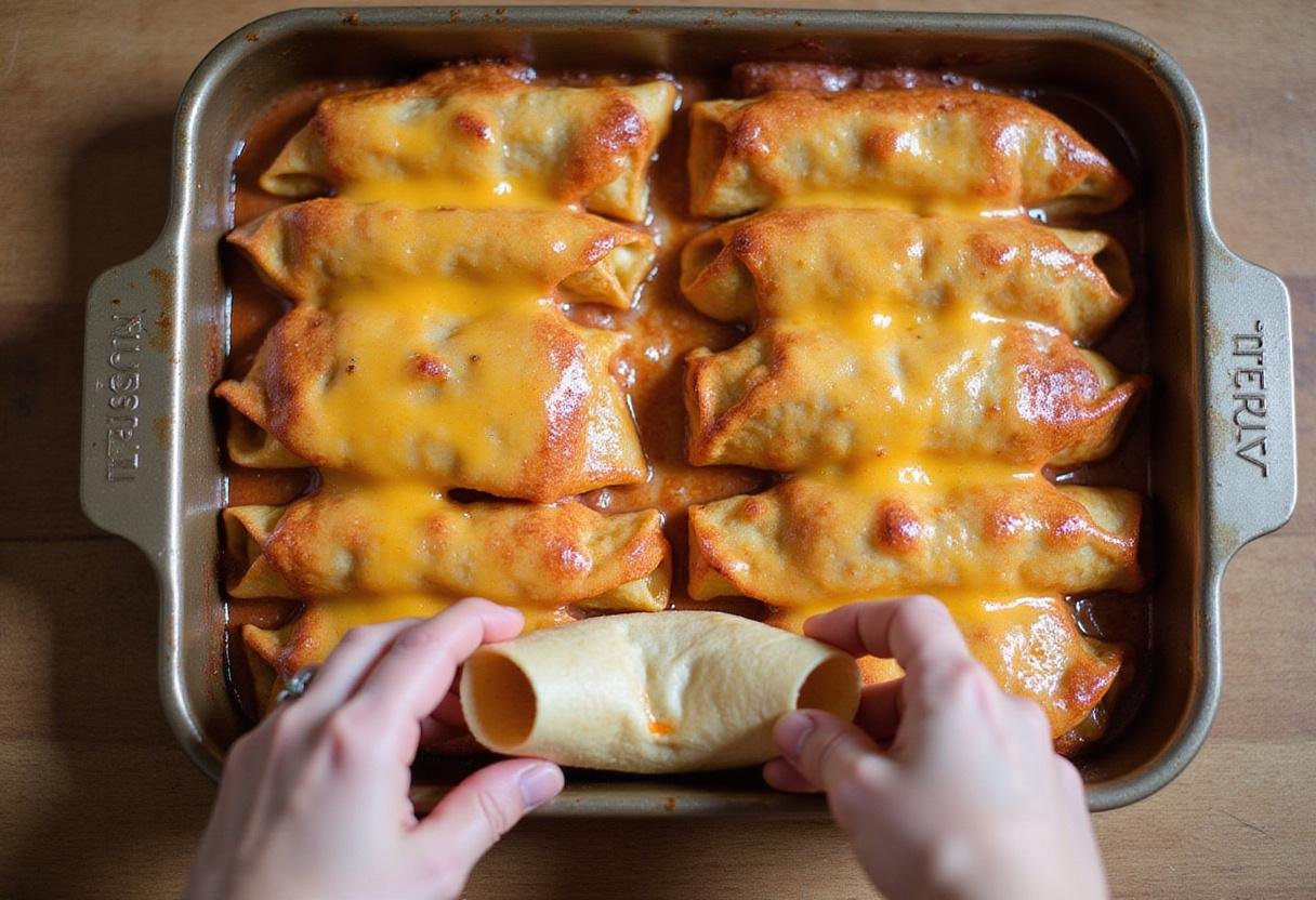 Assembling hearty ground turkey enchiladas by rolling filled tortillas.