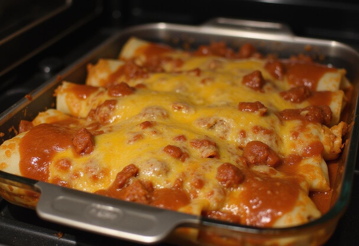 Preparing to bake hearty ground turkey enchiladas topped with sauce and cheese.