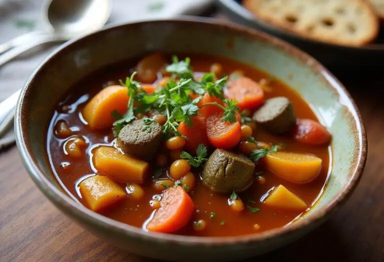 Hearty Lentil & Root Vegetable Stew served in a rustic bowl, ideal for a comforting meal.