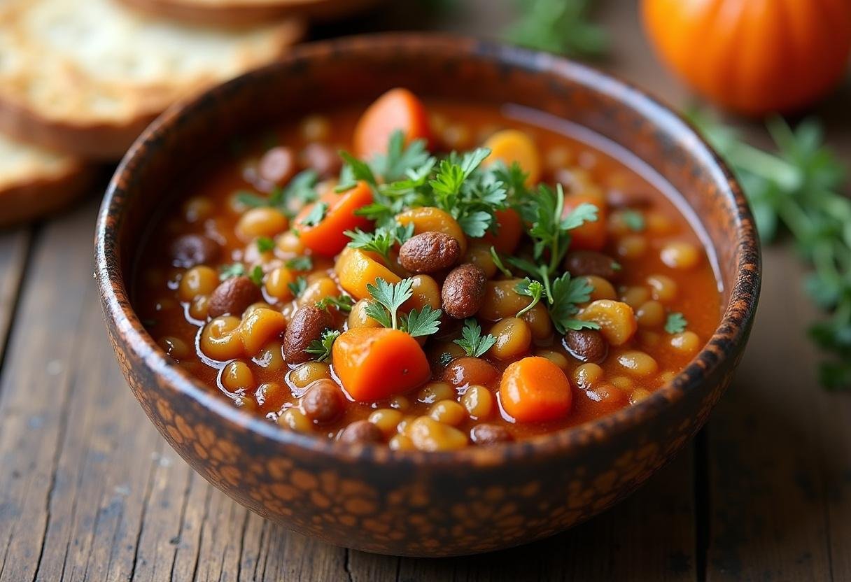 Hearty Lentil & Root Vegetable Stew served in a rustic bowl, ideal for a comforting meal.