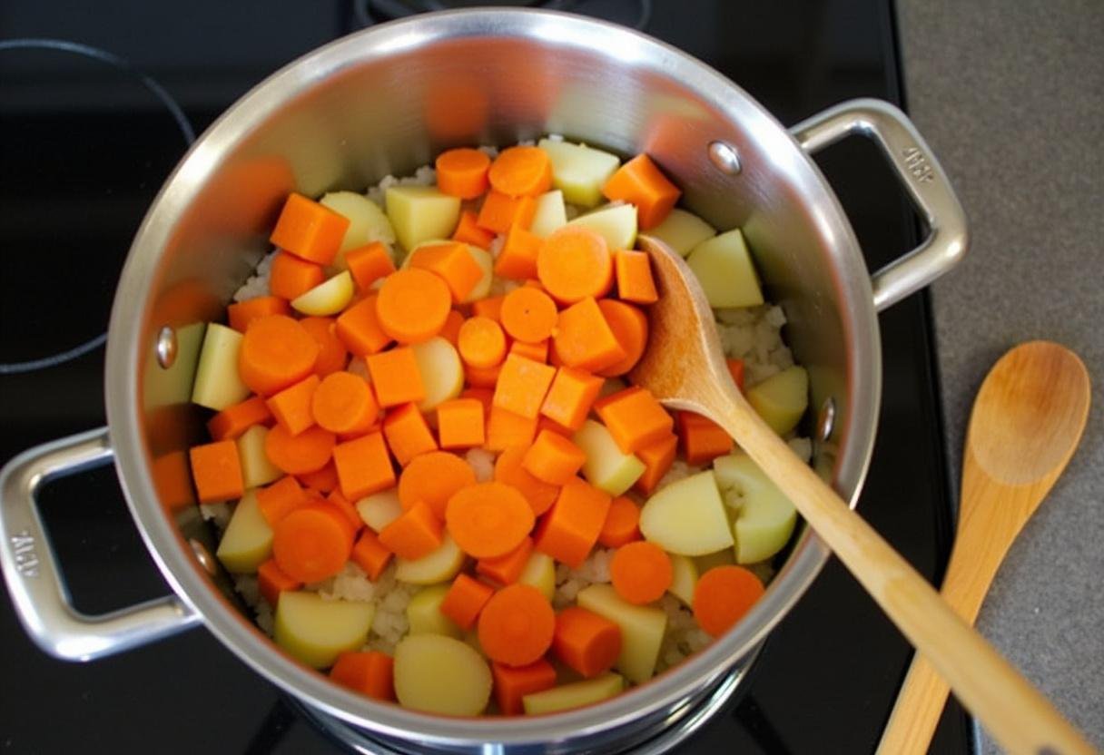 Chopped root vegetables in a pot for Hearty Lentil & Root Vegetable Stew.