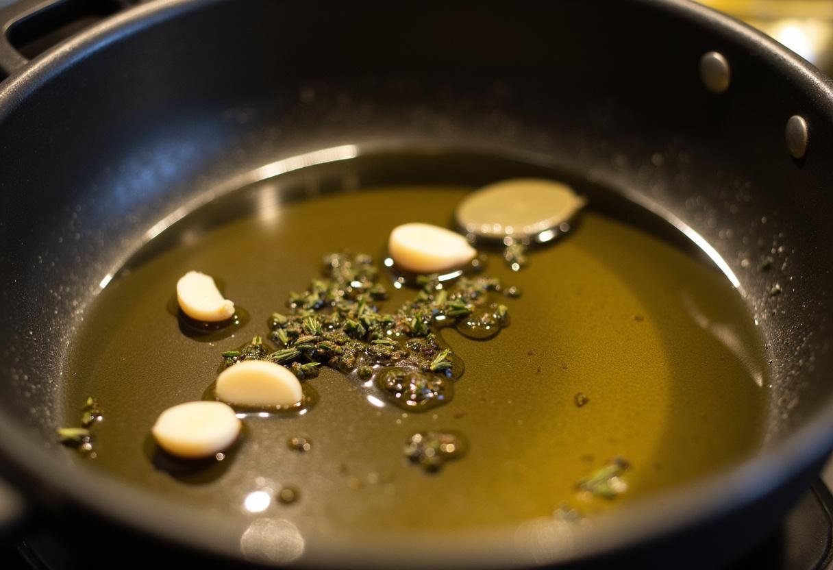 Olive oil heating with herbs for flavoring Hearty Lentil & Root Vegetable Stew.