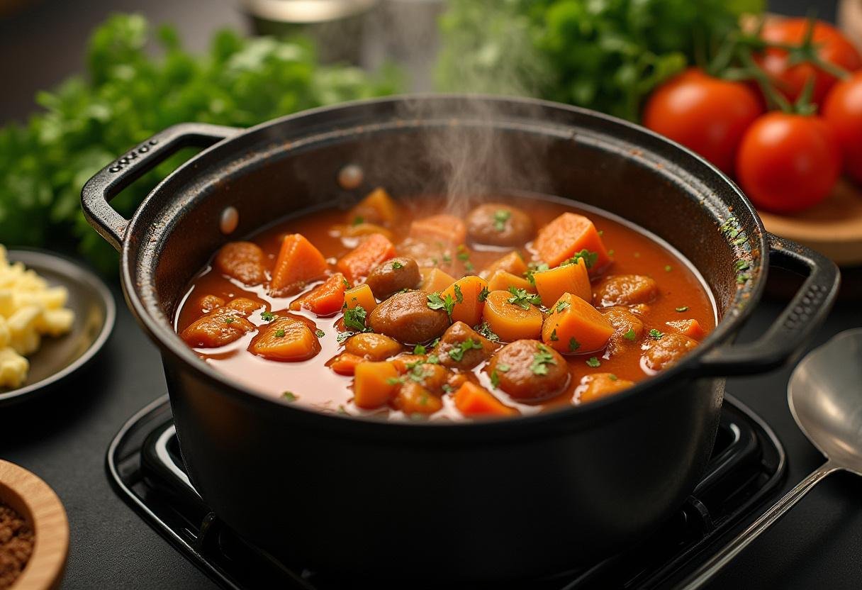 Stew simmering on the stove, showing a hearty mixture of lentils and vegetables.