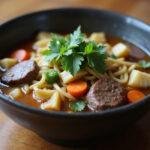 Served Hearty Swanson Beef Broth Bowl, showcasing vibrant ingredients and rich broth for a comforting meal.