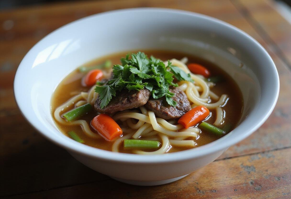 Served Hearty Swanson Beef Broth Bowl, showcasing vibrant ingredients and rich broth for a comforting meal.