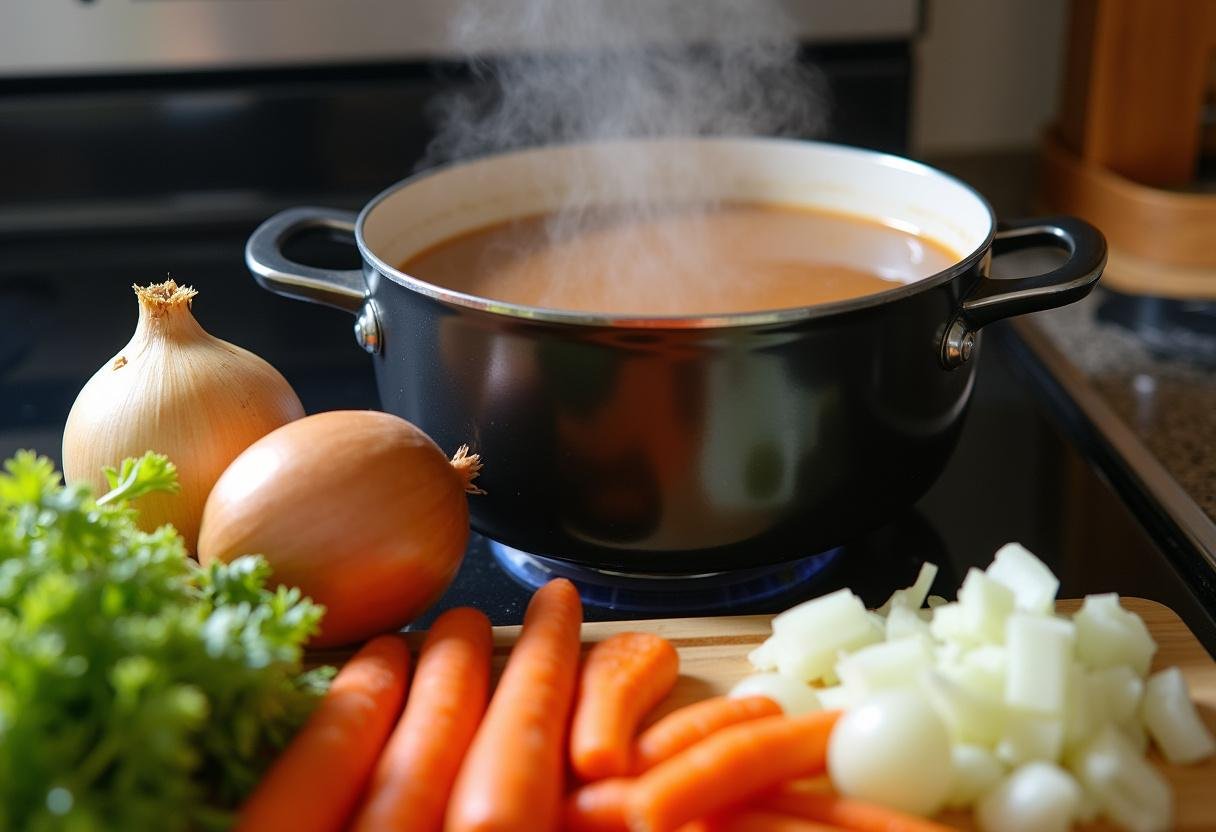 Preparing ingredients for Hearty Swanson Beef Broth Bowl with fresh vegetables and Swanson beef broth on the stove.
